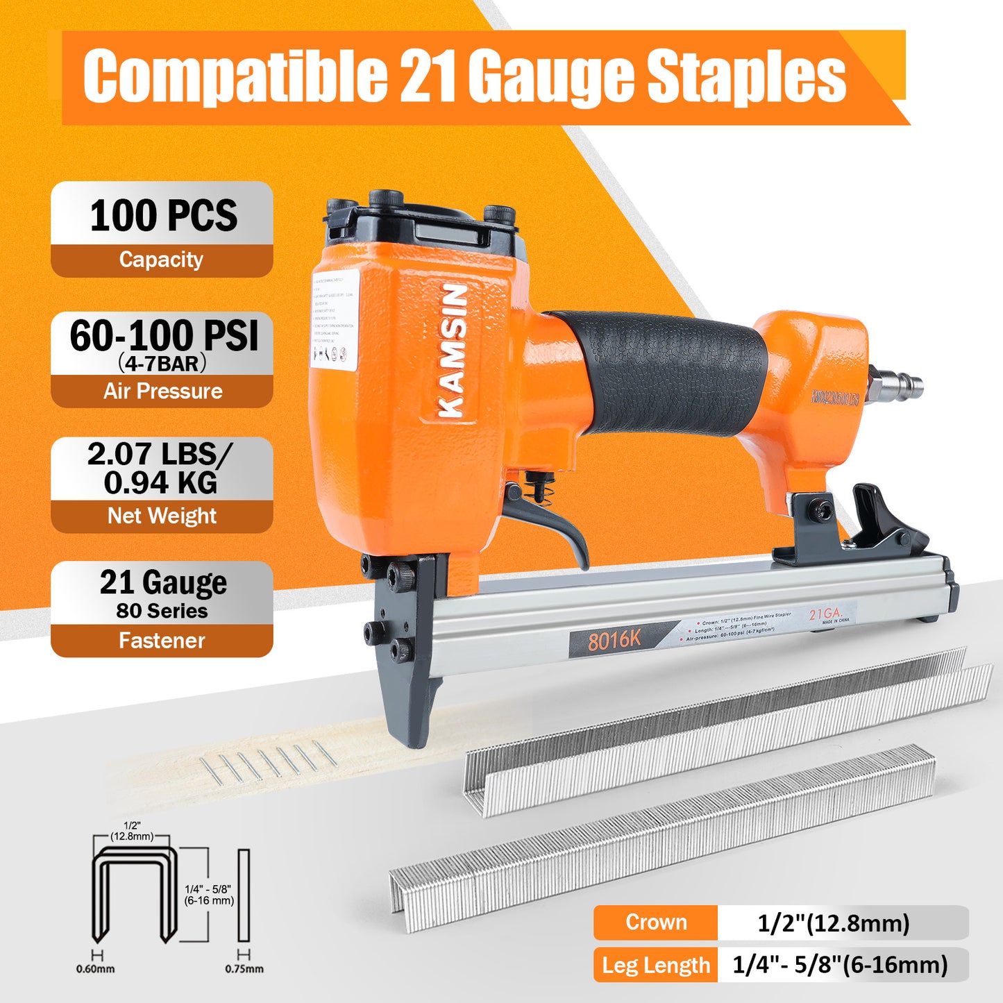 KAMSIN 8016K Grapadora Neumática para Tapicería - Serie 80 de Calibre 21, Corona de 1/2 pulgada, Longitud de Pata de 1/4 a 5/8 de pulgada, Grapadora de Alambre Fino para Muebles, Tableros Delgados, Sofás
