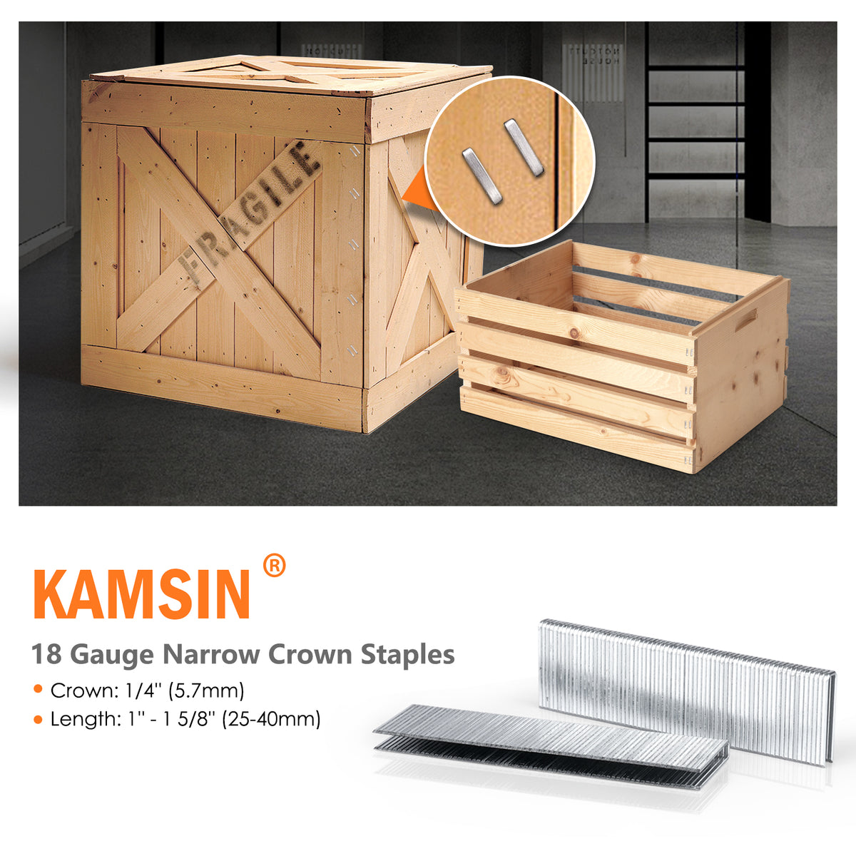 KAMSIN 21K440 Grapadora neumática de alambre medio de corona de 1/4" (5.8mm) y calibre 18 con seguro, grapadora para tapicería con longitud de pata de 1 a 1 5/8 pulgadas (25-40mm) para gabinetes y molduras decorativas