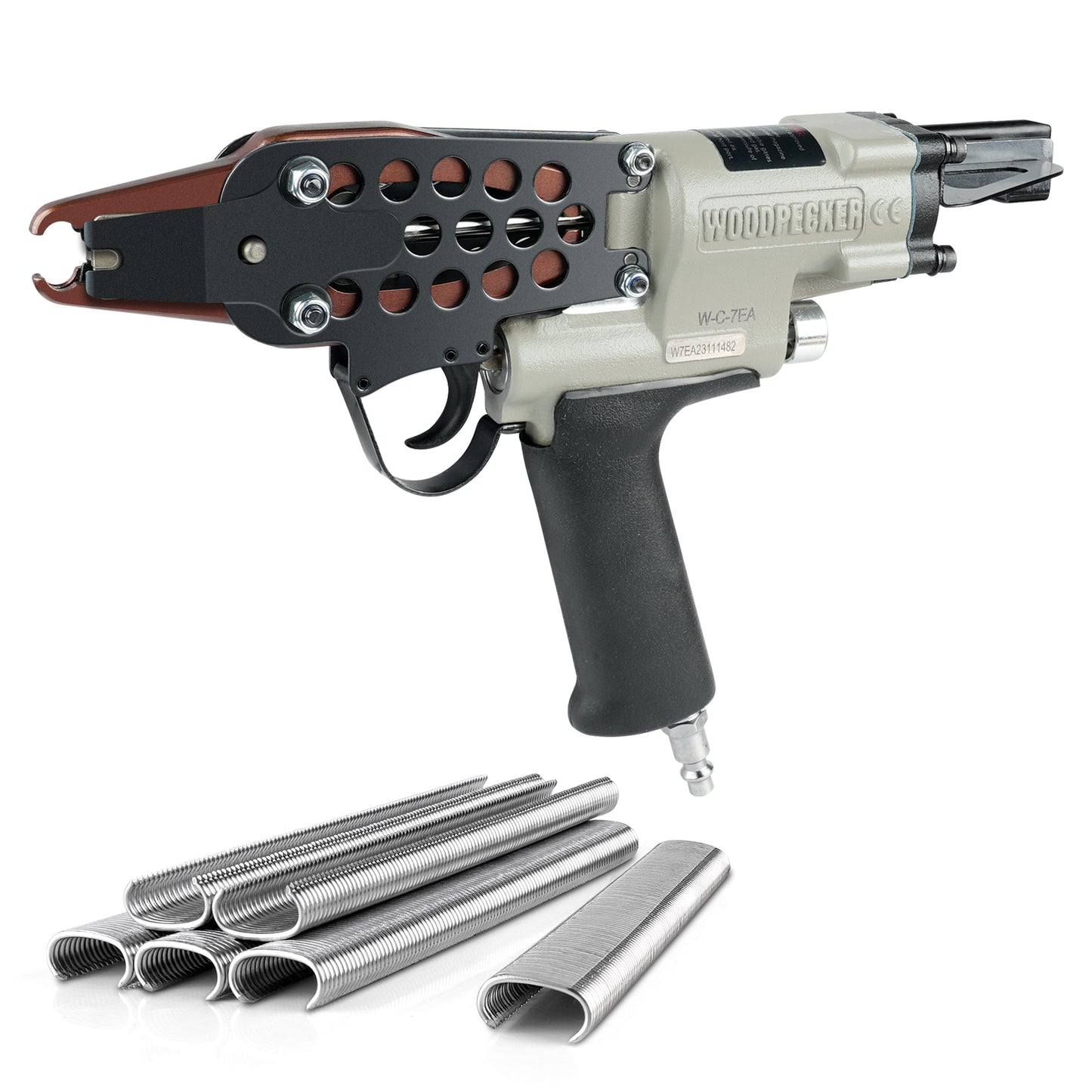 Woodpecker C-7EA 15-Gauge Pneumatic Hog Ring Gun | 3/4-Inch Crown Long Nose C-Ring Stapler, 7-8mm Closure Diameter | Professional Air-Powered Tool for Fencing, Mattress & Automotive Upholstery