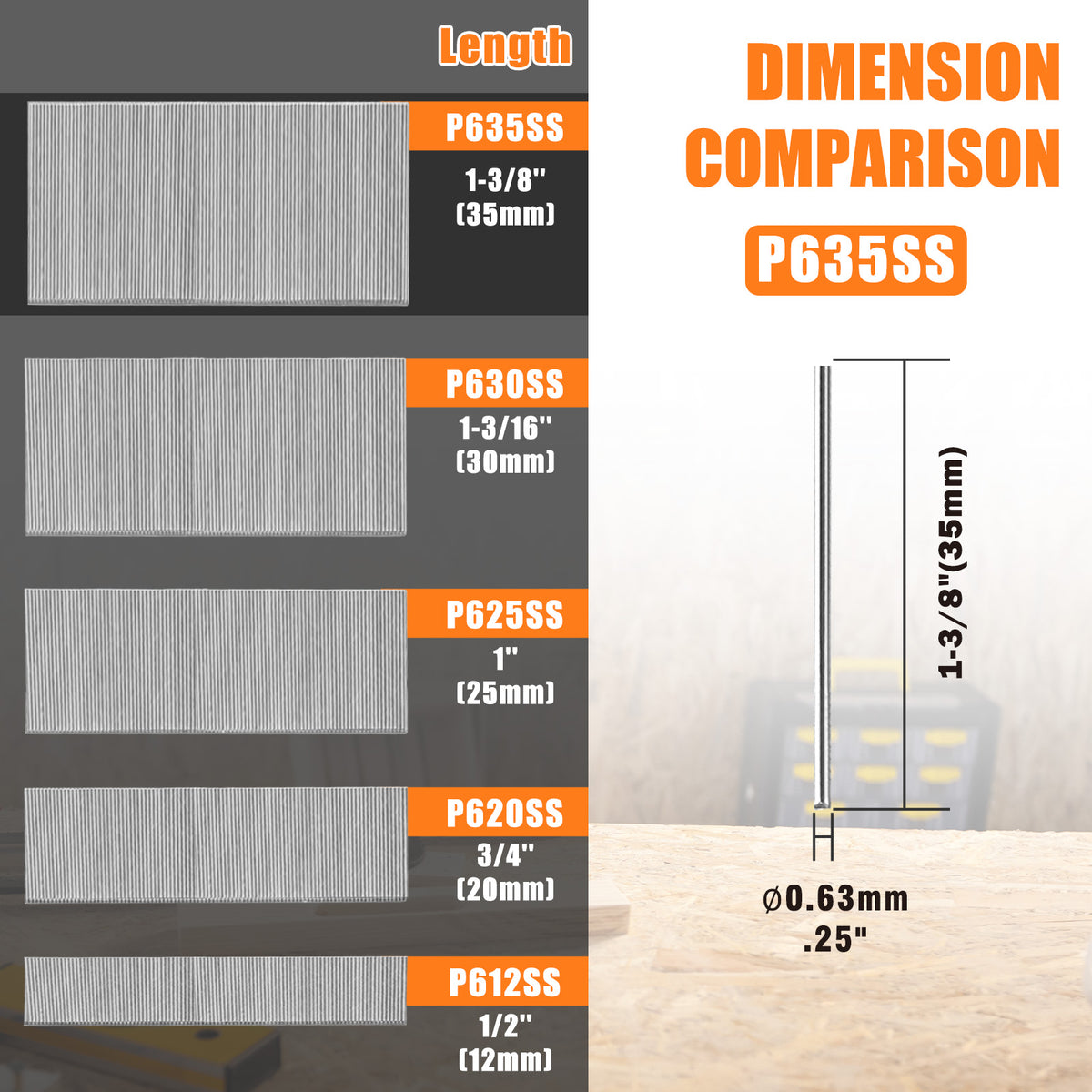 KAMSIN 23 Gauge Headless Pin Nails, 1/2''- 1 3/8'' (12-35MM), Copper and Stainless Steel for Headless Pin Nailer