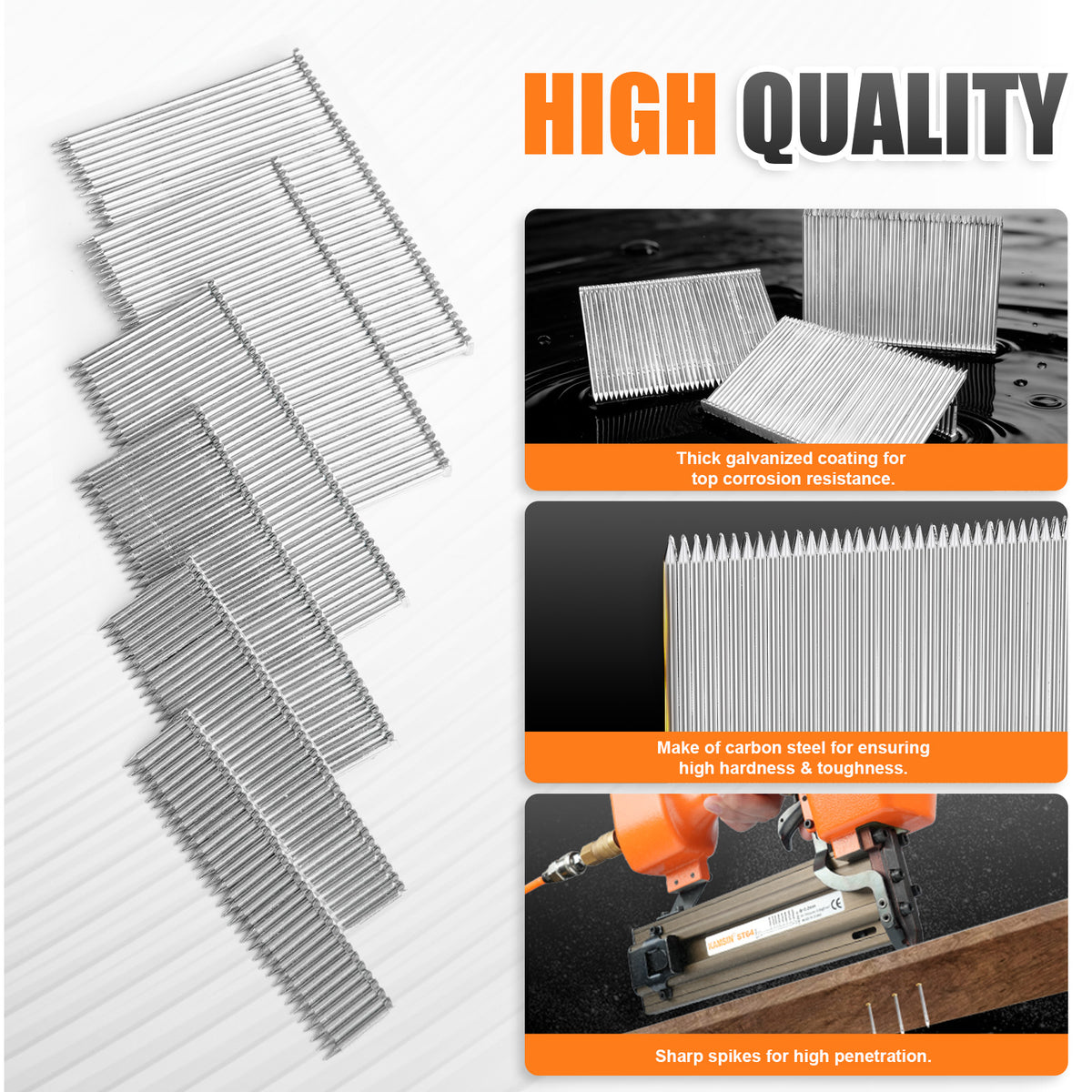 KAMSIN 14 Gauge Concrete T Nails, 18-64mm (3/4"-2 1/2") Leg Length, Galvanized Smooth Shank T Shank Nails for Concrete Nailing, Heavy Duty Works, 400 PCS/BOX