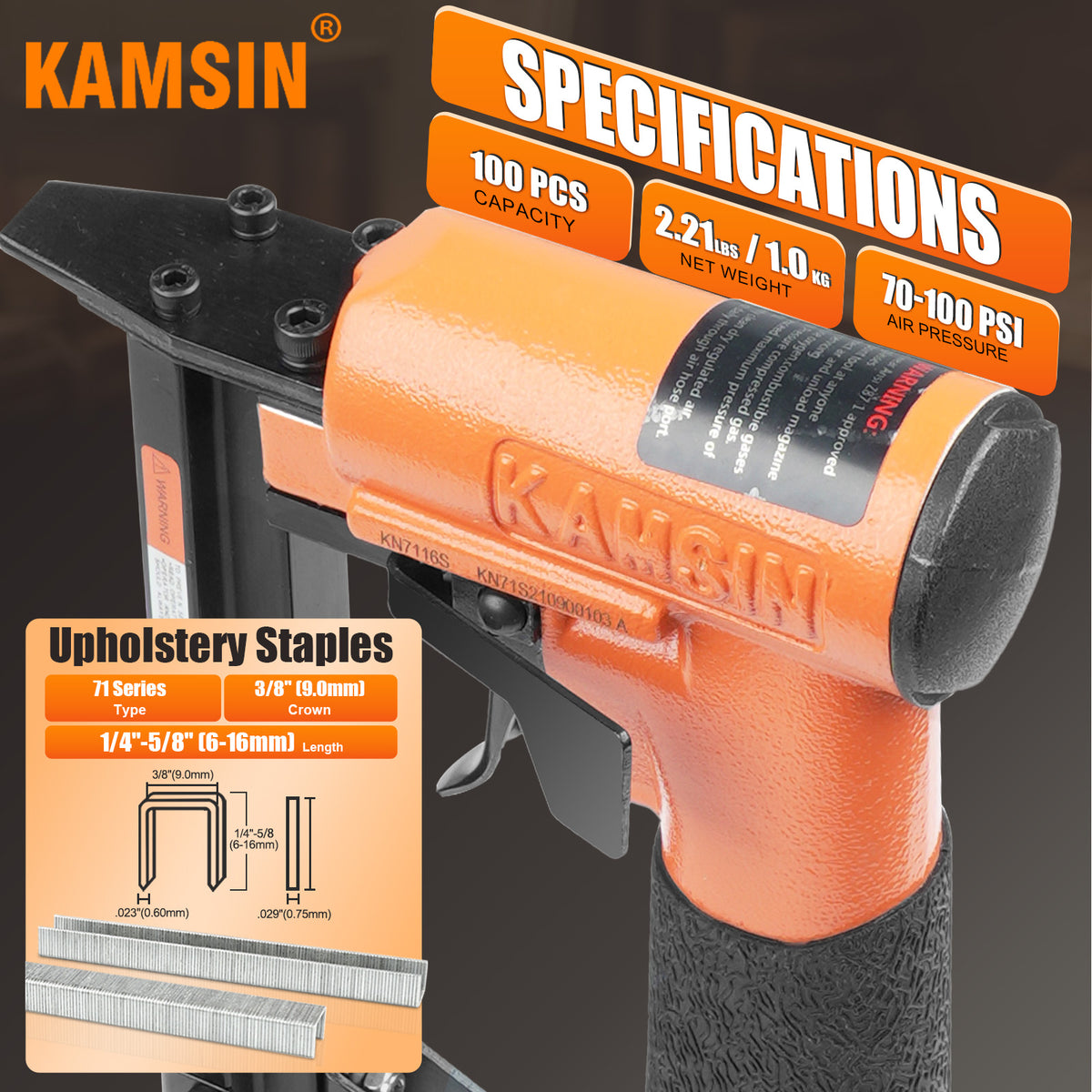 Kamsin KN7116S Grapadora Neumática de Tapicería de Fuego Continuo Calibre 22, Grapadora de Alambre Fino de Corona de 3/8 Pulgadas de 1/4 Pulgada a 5/8 Pulgadas de Longitud de Pata, Grapadora para Muebles y Telas (KN7116S)