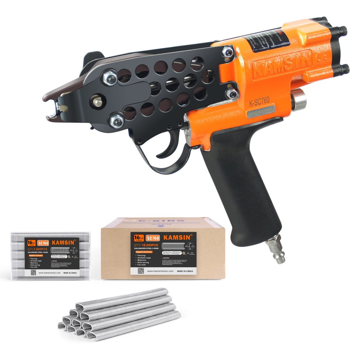 Combinación del kit de pistola neumática para anillos en C Kamsin K-SC760 de calibre 16 y grapas de anillos Hog de corona de 1/2 pulgada