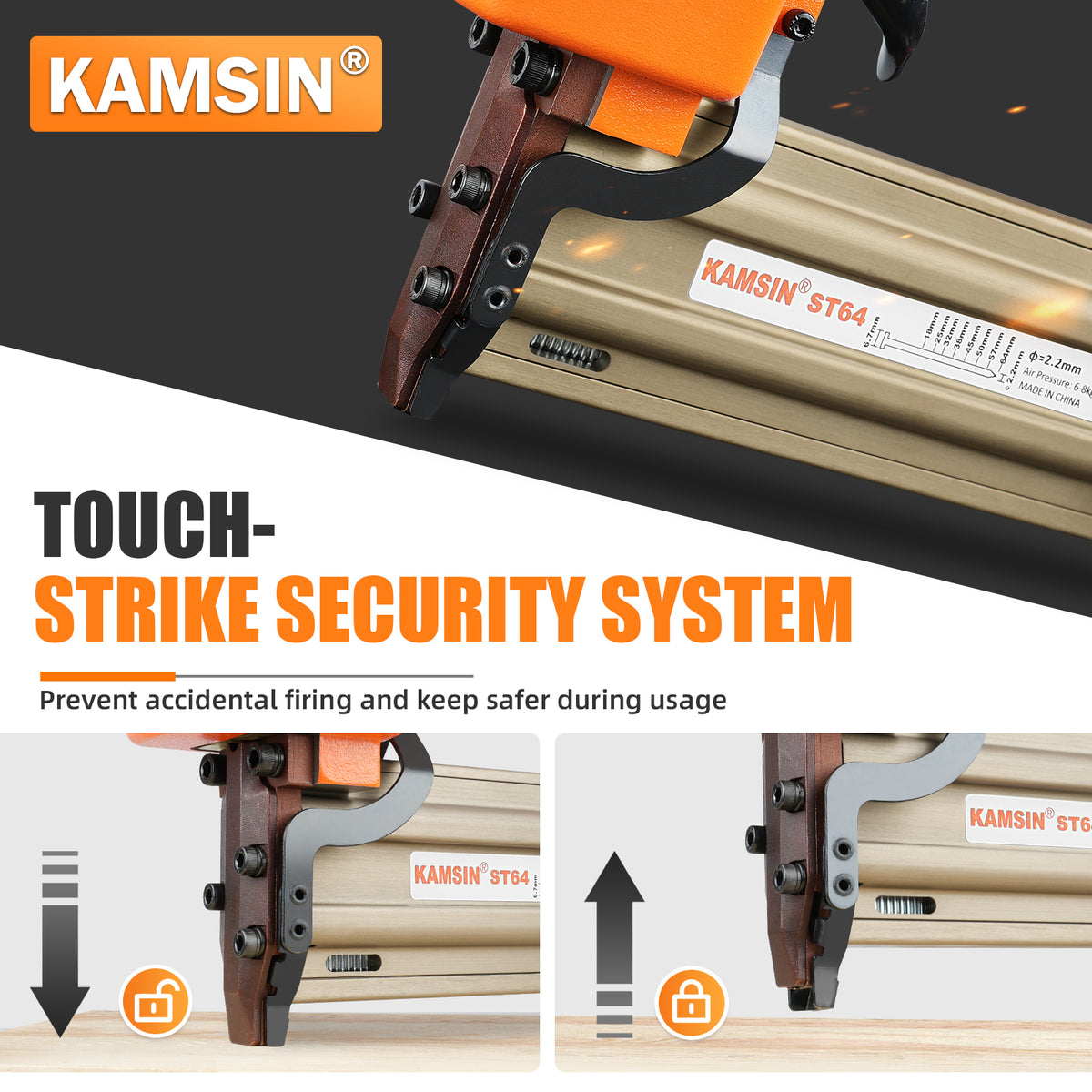 KAMSIN ST64 14 Gauge Pneumatic Concrete T Nailer with 400 PCS 3/4" Concrete T Nails, 3/4" to 2-1/2" Concrete Nail Gun for Heavy Duty Low-Concrete Nailing, Woodworking