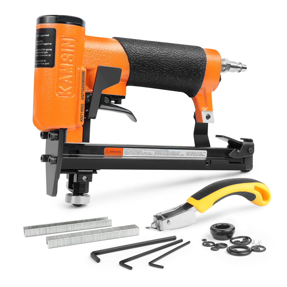 KAMSIN KN7116SG Grapadora neumática para tapicería de calibre 22 con disparo continuo y rodillo guía, corona de 3/8 pulgadas, longitud de pata de 1/4 a 5/8 pulgadas, grapadora de alambre fino para muebles y telas