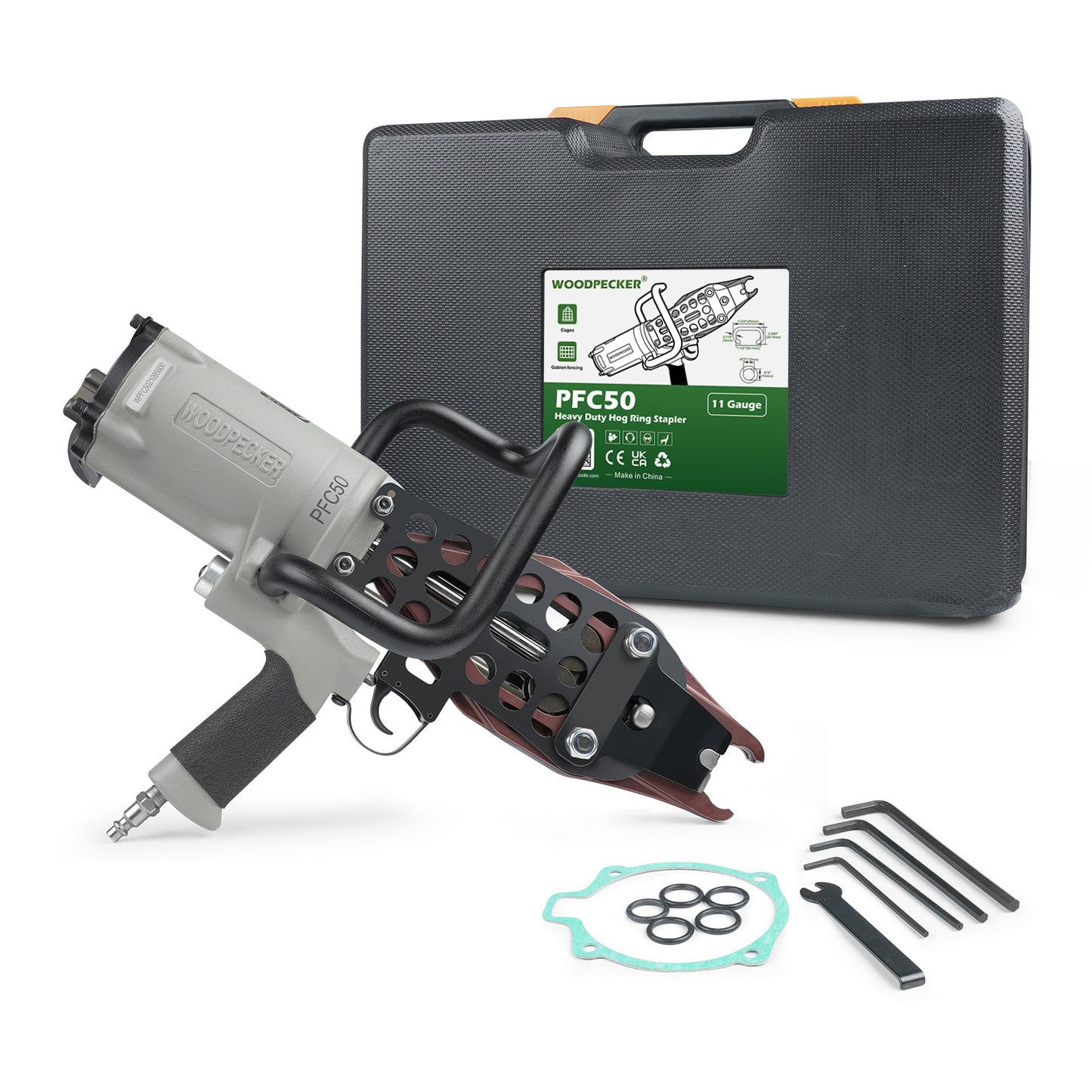 Woodpecker C130L/PFC50 11 Gauge Easy Carry Pneumatic Hog Ring Gun for Gabion 1 1/2 Inch Crown Air C Ring Plier for Wire Cages, Gabion, Fencing, Sofa, Spring Mattress, Car Seat, Bedding, Wire Mesh Baskets