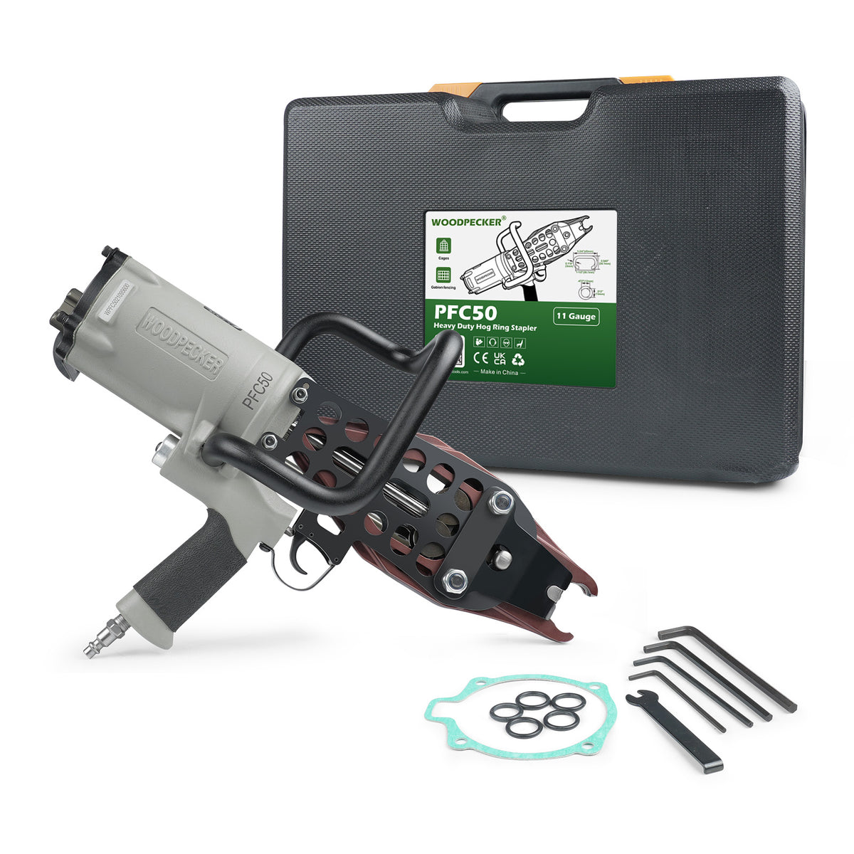 Woodpecker C130LJ / PFC50 11 Gauge Easy Carry Pneumatic Hog Ring Gun for Gabion 1 1/2 Inch Crown Air C Ring Plier for Wire Cages, Gabion, Fencing, Sofa, Spring Mattress, Car Seat, Bedding, Wire Mesh Baskets