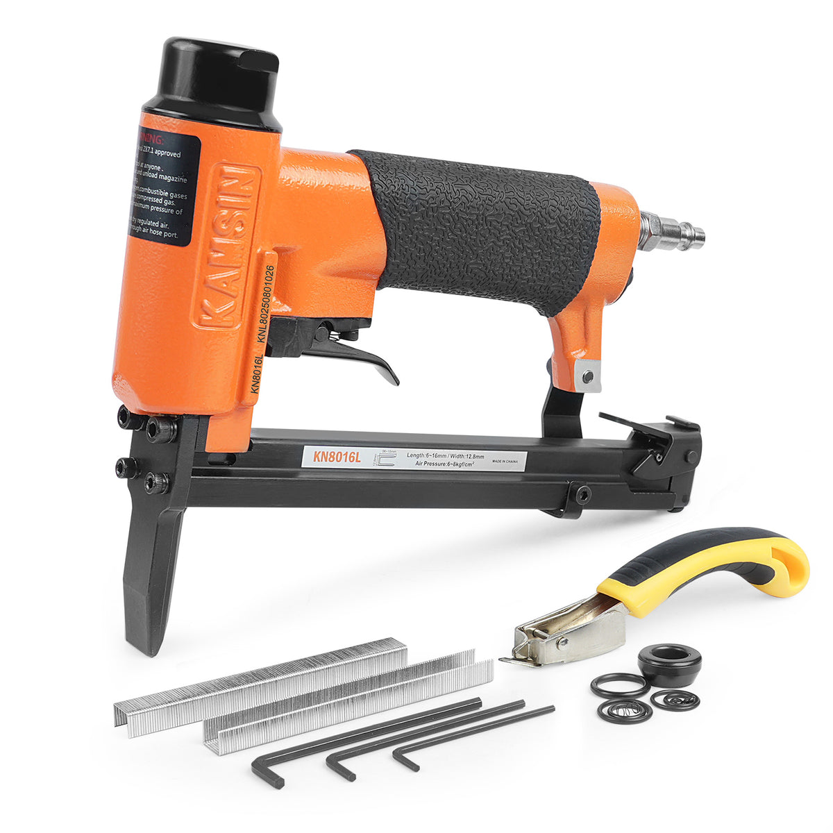 KAMSIN KN8016L Grapadora neumática para tapicería de calibre 21, corona de 1/2 pulgada, longitud de 1/4 a 5/8 pulgadas, grapadora de tapicería de nariz larga, grapadora de alambre fino para muebles, tapicería