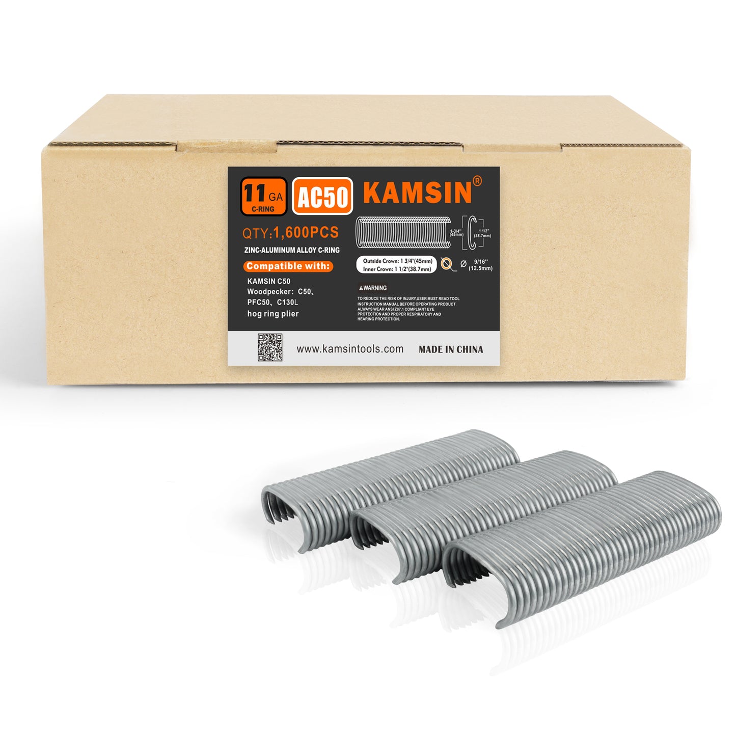 KAMSIN C50 11 Gauge Manual Snap Rings 1 3/4-Inch Crown for Hog Ring Gun 13.5-14mm Closure Diameter Zinc-Aluminum Alloy C Ring Staples for Wire Cages, Mattress, Gabion