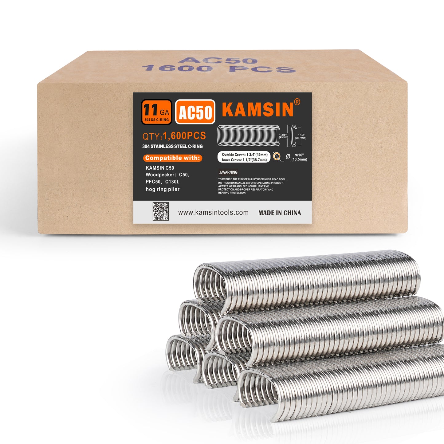 KAMSIN C50 11 Gauge Manual Snap Rings 1 3/4-Inch Crown for Hog Ring Gun 13.5-14mm Closure Diameter Zinc-Aluminum Alloy C Ring Staples for Wire Cages, Mattress, Gabion