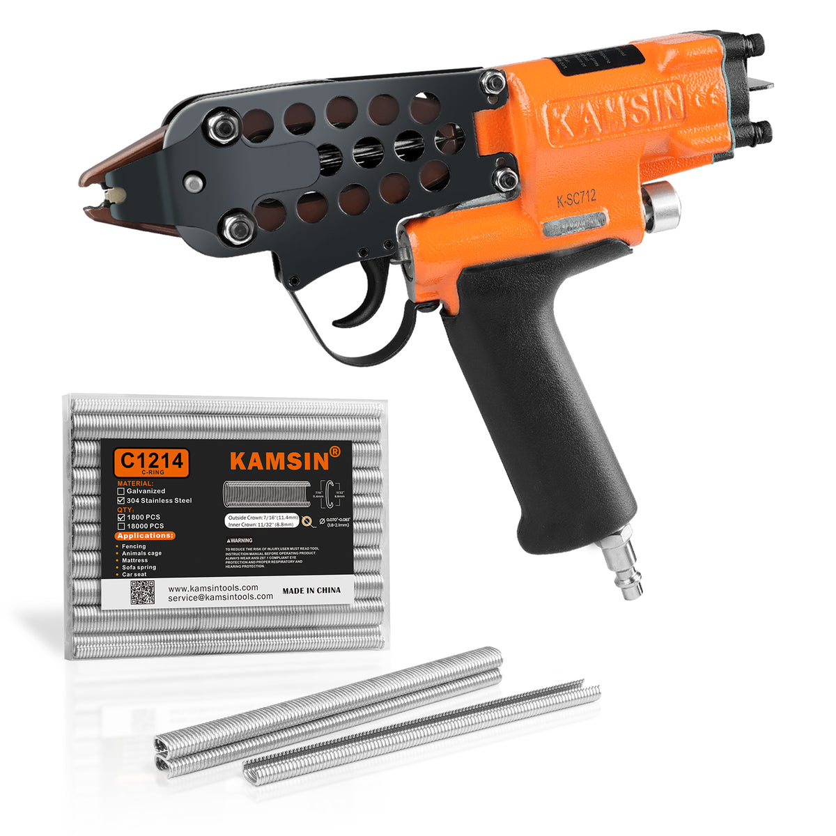 Pistola neumática Kamsin K-SC712 para anillos de cerdo y kit de 1800 grapas de anillo de cerdo con corona interior de 11/32" (8.8mm), diámetro de sujeción de 1.8-2.1mm