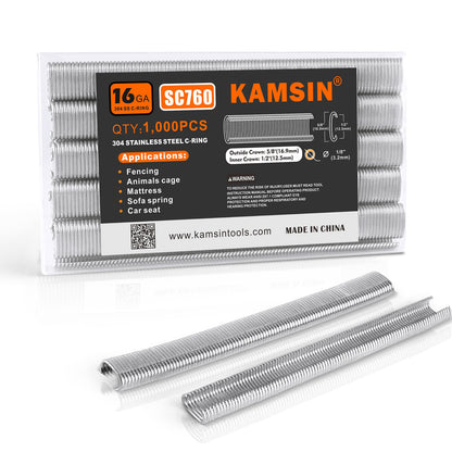 KAMSIN SC760 16 Gauge C Ring Staples 1/2" Inside Crown 5/8" Outside Crown Hog Rings C Rings Hog Ring Staples Collated Staples for Staple Gun