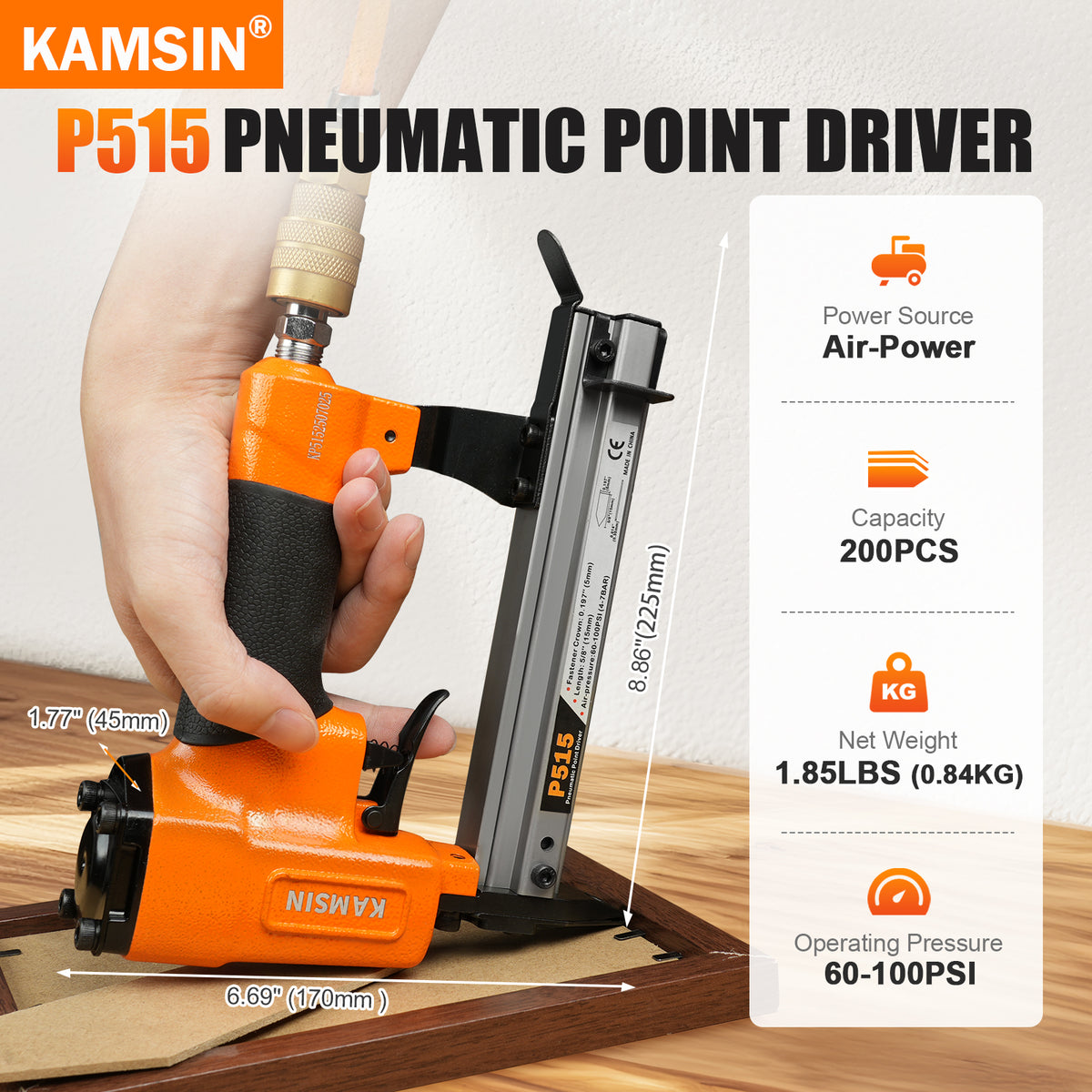 Clavadora neumática de punta flexible KAMSIN P515, clava puntas flexibles de 5 mm de corona y 5/8 de pulgada (15 mm), con interruptor de seguridad para enmarcado y carpintería