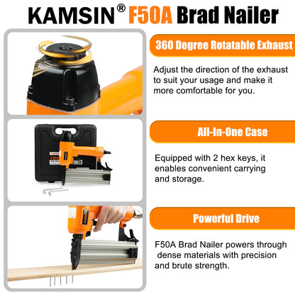 KAMSIN F50A 18 Gauge Pneumatic Brad Nailer With Safety, Accepts 3/8-Inch to 2-Inch (10-50mm) Brad Nails, Air Power Brad Nail Gun, Finish Nailer for Cabinets, Furniture, Upholstering, Woodworking