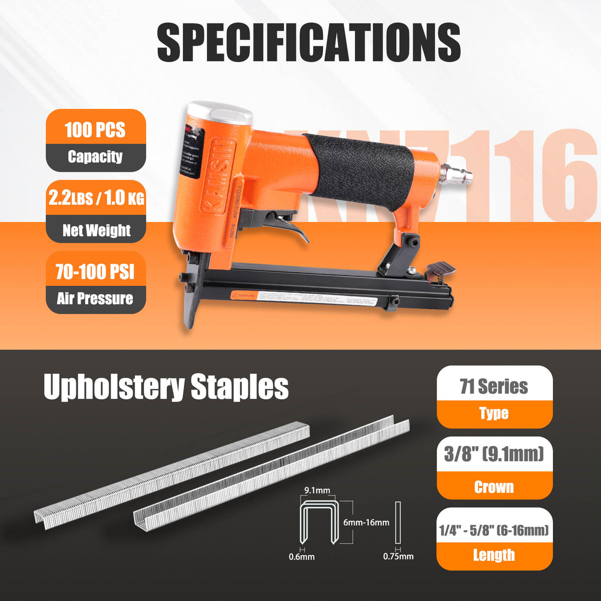 Engrapadora neumática para tapicería KAMSIN KN7116 de calibre 22, serie 71, corona de 3/8 pulgadas, longitud de pata de 1/4 a 5/8 pulgadas, para grapas de alambre fino, para muebles y telas