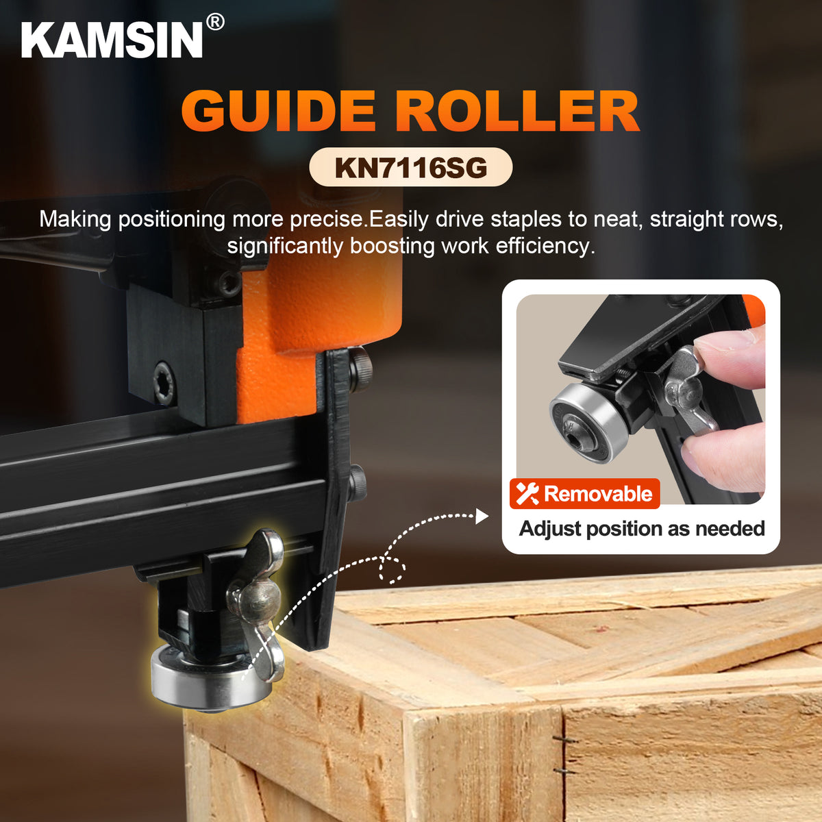 KAMSIN KN7116SG Grapadora neumática para tapicería de calibre 22 con disparo continuo y rodillo guía, corona de 3/8 pulgadas, longitud de pata de 1/4 a 5/8 pulgadas, grapadora de alambre fino para muebles y telas
