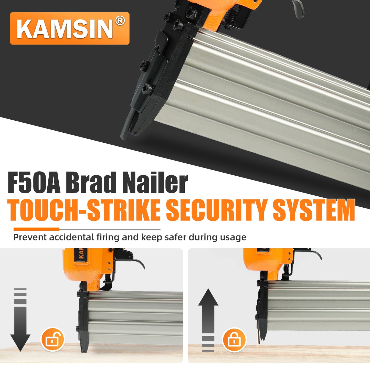 KAMSIN F50A 18 Gauge Pneumatic Brad Nailer With Safety, Accepts 3/8-Inch to 2-Inch (10-50mm) Brad Nails, Air Power Brad Nail Gun, Finish Nailer for Cabinets, Furniture, Upholstering, Woodworking