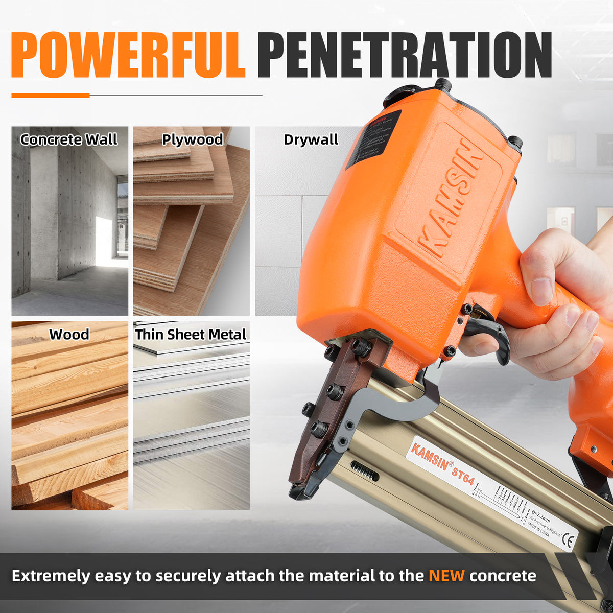 KAMSIN ST64 14 Gauge Heavy Duty Pneumatic Concrete T Nailer Kit with 400PCS ST18 and 800PCS ST18-ST64 Concrete T Nails