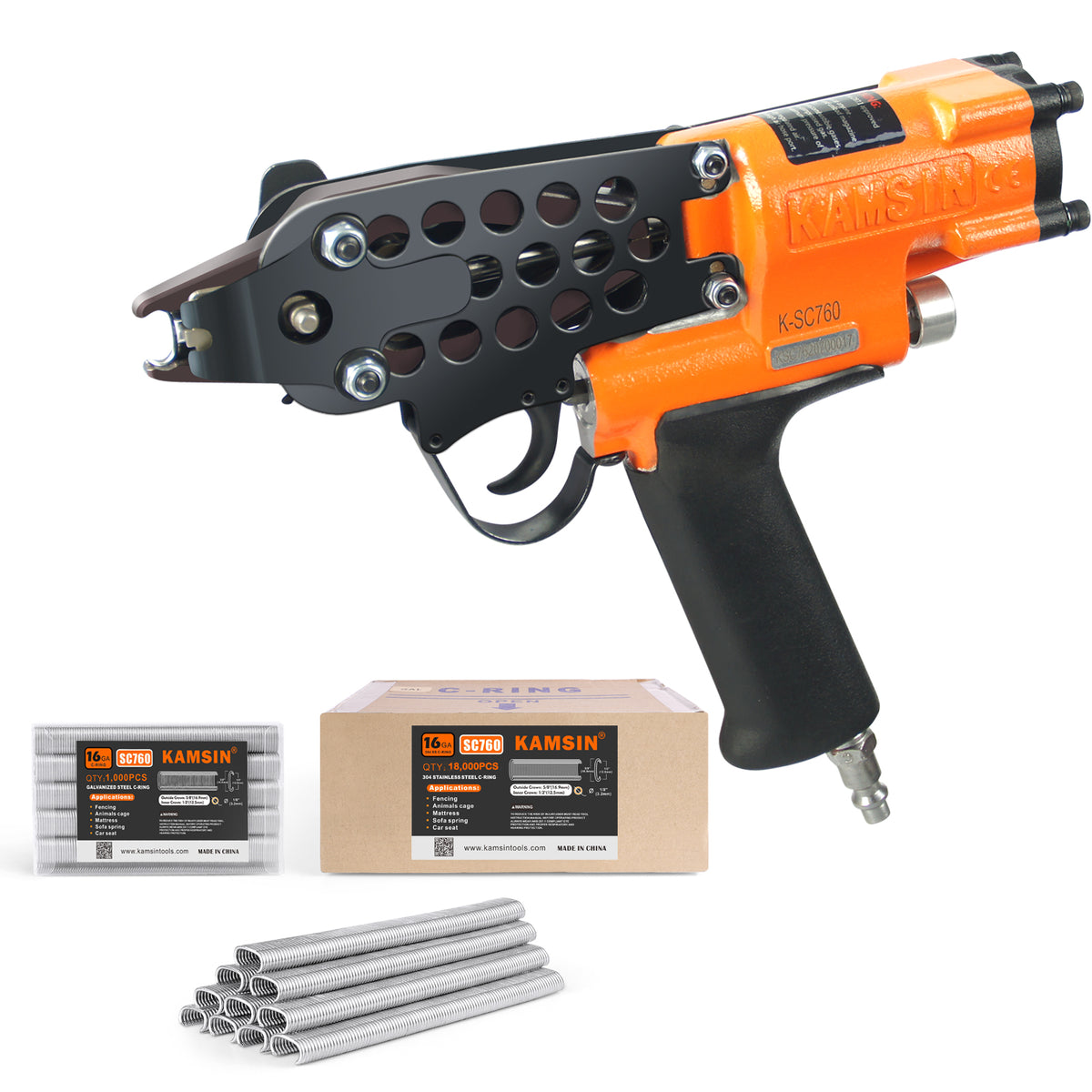 Combinación del kit de pistola neumática para anillos en C Kamsin K-SC760 de calibre 16 y grapas de anillos Hog de corona de 1/2 pulgada