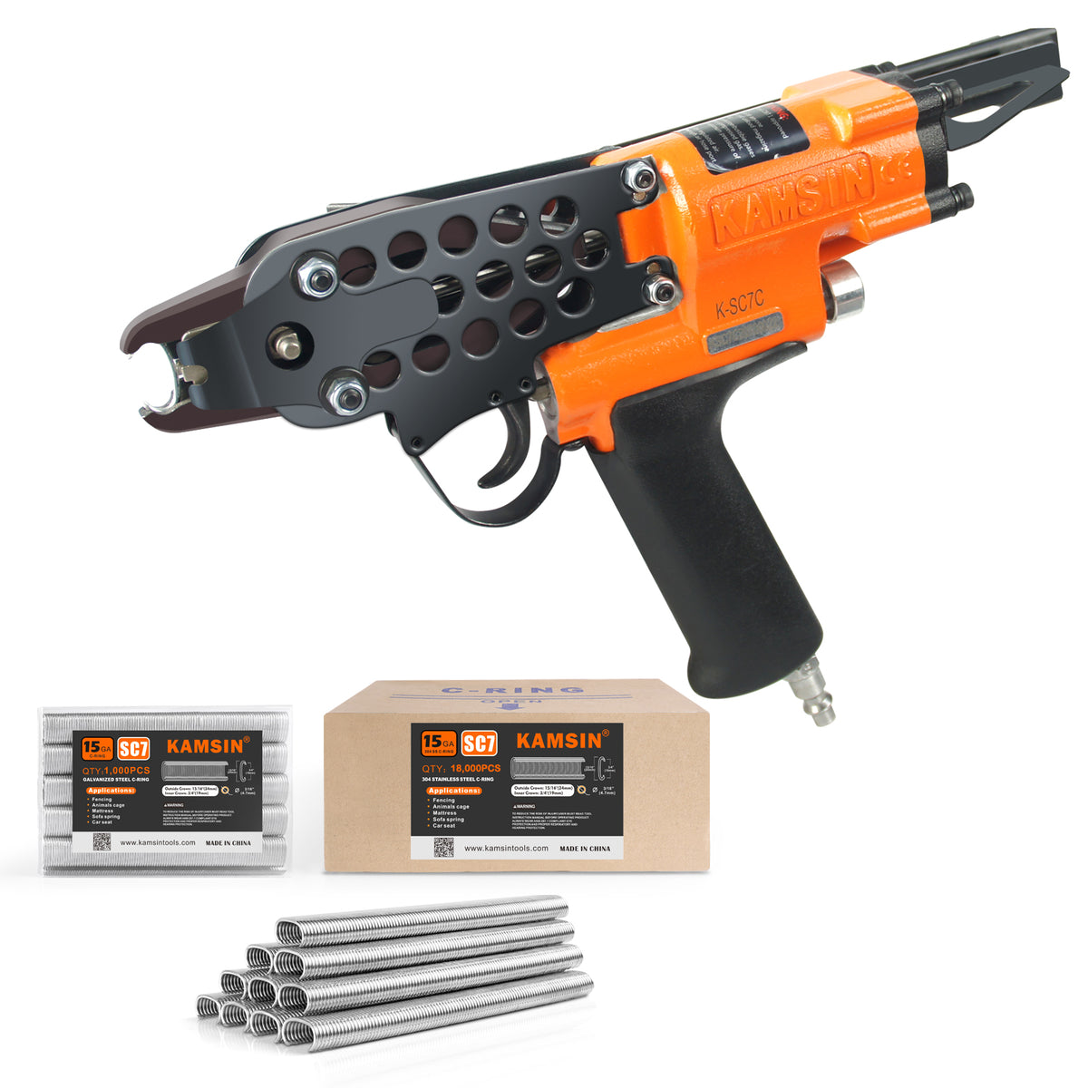 Combinación de pistola neumática Kamsin K-SC7C de calibre 15 para anillos C y grapas de anillos Hog de corona de 3/4 de pulgada