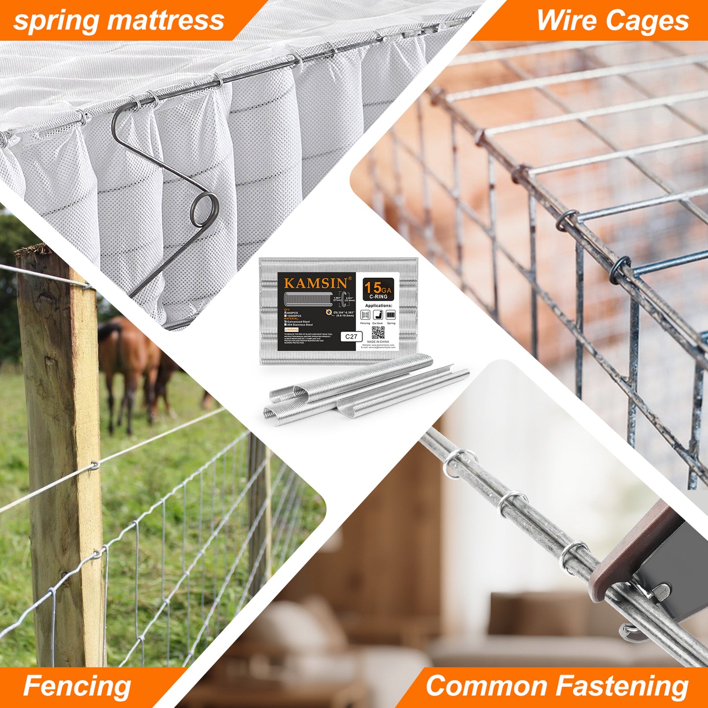 KAMSIN C27 Hog Rings- 15 Gauge Galvanized C-Type Staples, 15/16"(23.4mm) Inner Crown - Compatible with C7 Air Hog Ring Gun for Cages, Fencing, and DIY Projects