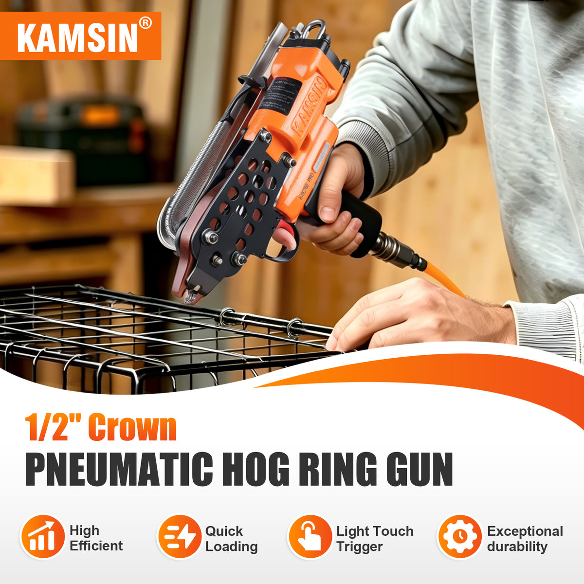 KAMSIN K-SC760 PRO Kit de pistola neumática para anillas de cerdo con gatillo mejorado de calibre 16, corona de 1/2 pulgada, diámetro de cierre de 3.0-4.8 mm, alicates de anillo C accionados por aire para jaulas, cercas y tapicería automotriz