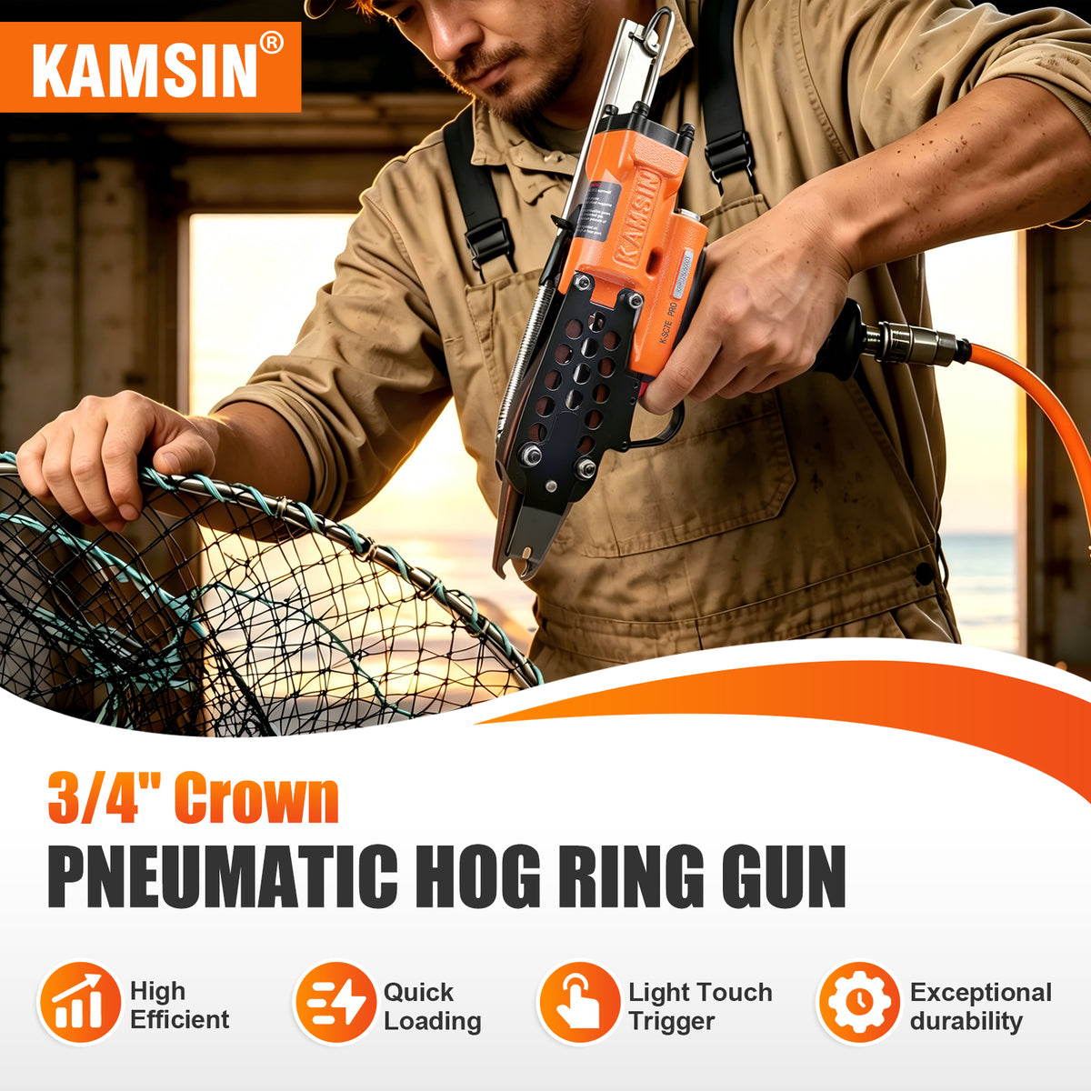 KAMSIN K-SC7E PRO Pistola Neumática de Anillo de Cerdo de Nariz Larga con Gatillo Mejorado Calibre 15, Corona de 3/4 Pulgadas, Diámetro de Cierre de 7-8mm, Alicates de Anillo C Accionados por Aire para Jaulas, Cercas y Tapicería Automotriz