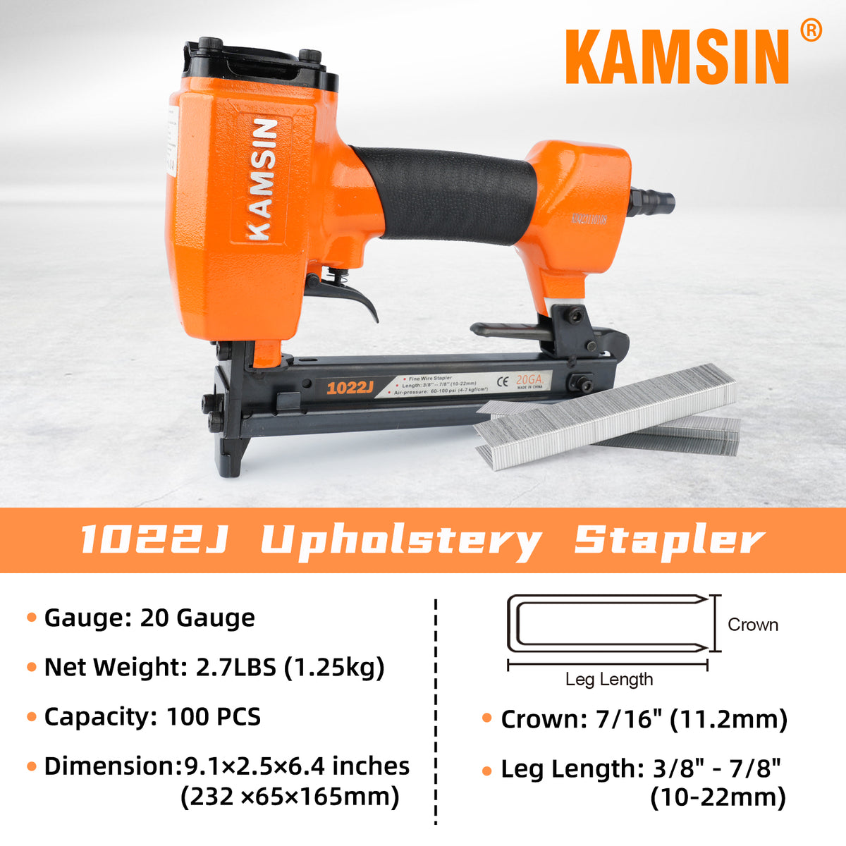 KAMSIN 1022J Engrapadora neumática para tapicería de calibre 20, herramienta de alambre fino de corona de 7/16 pulgadas (11,2 mm), pistola de grapas neumática para tapicería con longitud de pata de 3/8 a 7/8 pulgadas (10-22 mm) para tapizado de muebles