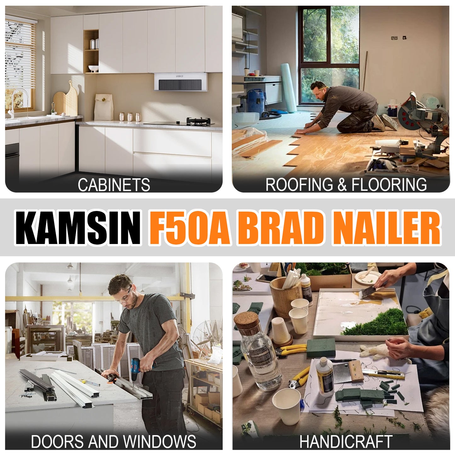 KAMSIN F50A 18 Gauge Pneumatic Brad Nailer With Safety, Accepts 3/8-Inch to 2-Inch (10-50mm) Brad Nails, Air Power Brad Nail Gun, Finish Nailer for Cabinets, Furniture, Upholstering, Woodworking
