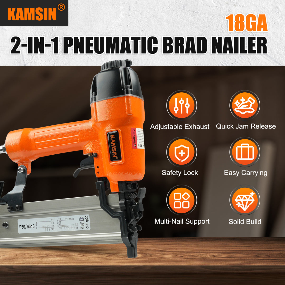Clavadora Neumática KAMSIN F50/9040, Acabado 2 en 1, Dispara Clavos Brad de Calibre 18 de 2" y Grapas de Corona de 1/4" de 1-5/8" con Estuche de Transporte para Trabajos de Carpintería, Gabinetes, Muebles, Tapicería