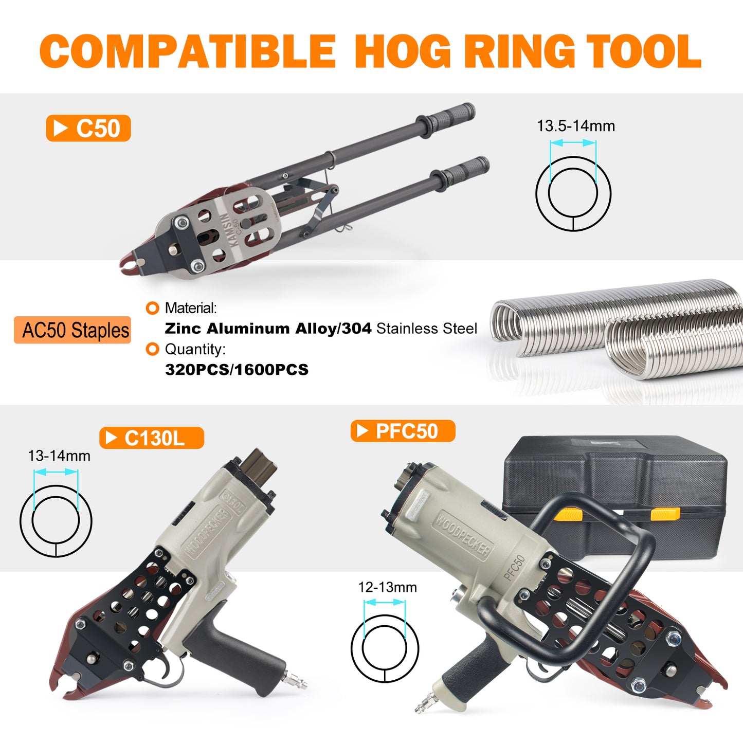 KAMSIN C50 11 Gauge Manual Snap Rings 1 3/4-Inch Crown for Hog Ring Gun 13.5-14mm Closure Diameter Zinc-Aluminum Alloy C Ring Staples for Wire Cages, Mattress, Gabion