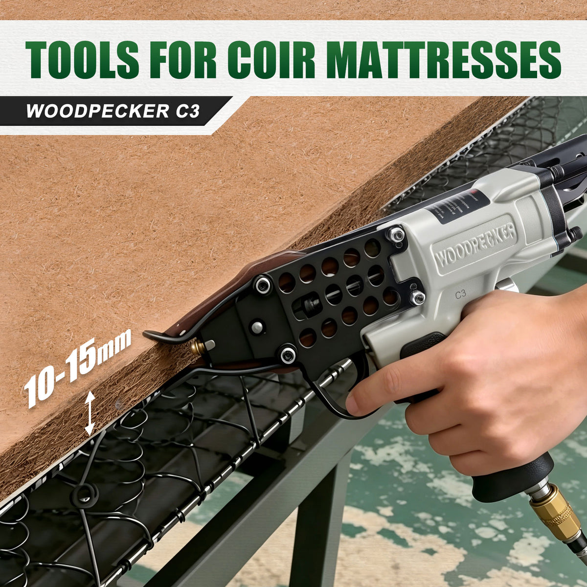 Pistola neumática para anillos de cerdo Woodpecker C3 - Calibre 15, corona exterior de 1-1/4”, diámetro de cierre de 10.5 mm, tenazas para anillos en C, herramienta para anillos de cerdo para colchón de fibra de coco