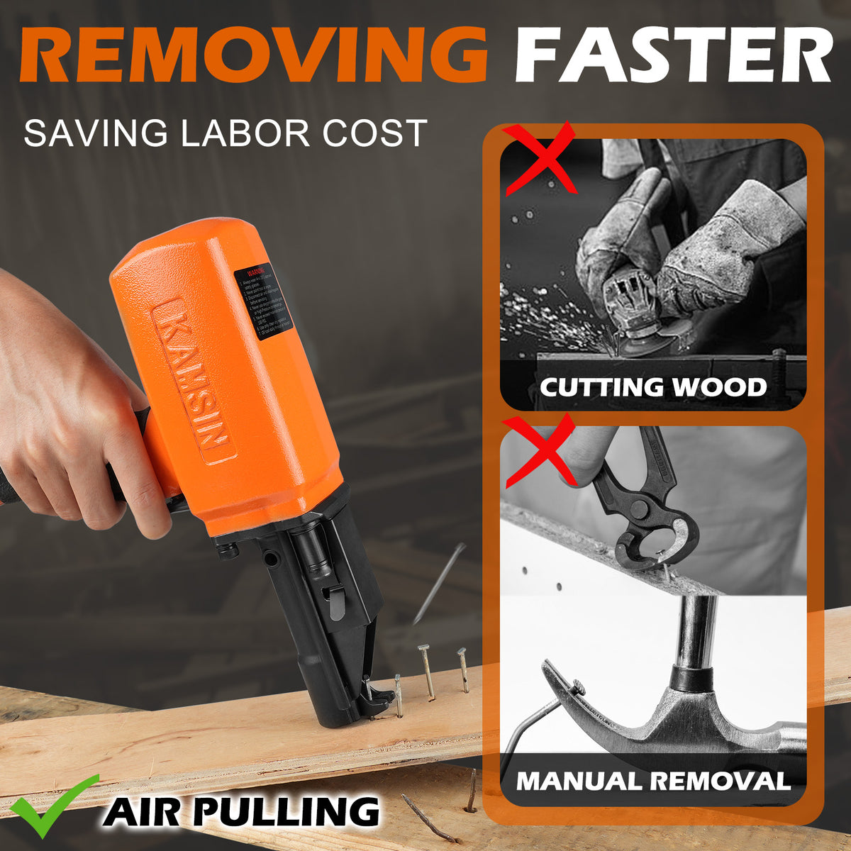 KAMSIN BD70 Extractor Neumático de Clavos con Seguridad, Desclavador de Aire para Ahorrar Mano de Obra para Quitar Clavos de Palets Oxidados de Madera Desechada o Reciclada