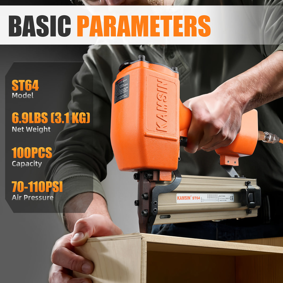 KAMSIN ST64 14 Gauge Pneumatic Concrete T Nailer with 400 PCS 3/4" Concrete T Nails, 3/4" to 2-1/2" Concrete Nail Gun for Heavy Duty Low-Concrete Nailing, Woodworking