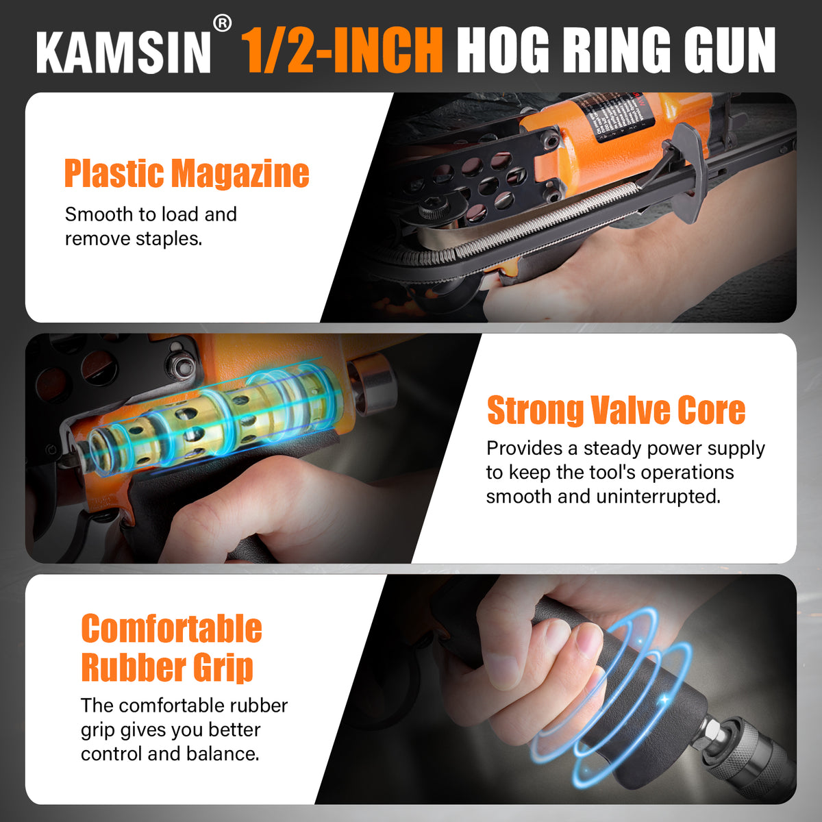 Combinación del kit de pistola neumática para anillos en C Kamsin K-SC760 de calibre 16 y grapas de anillos Hog de corona de 1/2 pulgada