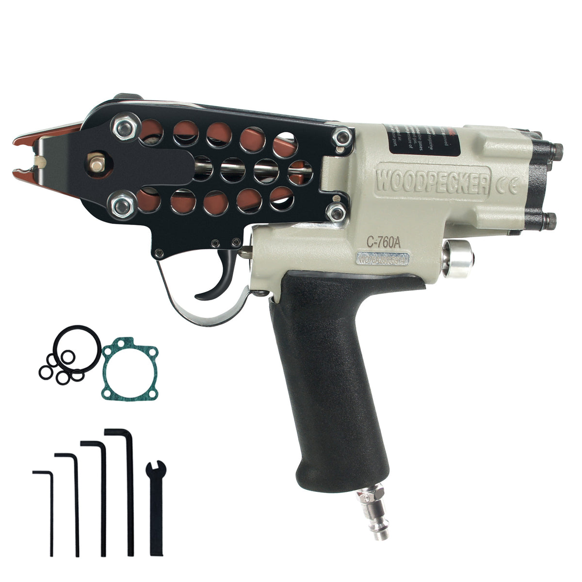 Pistola neumática para anillos de cerdo Woodpecker C-760A de calibre 16 | Corona de 1/2 pulgada, diámetro de cierre de 3.0-4.0 mm | Alicates de anillo en C accionados por aire para jaulas, cercas y tapicería automotriz