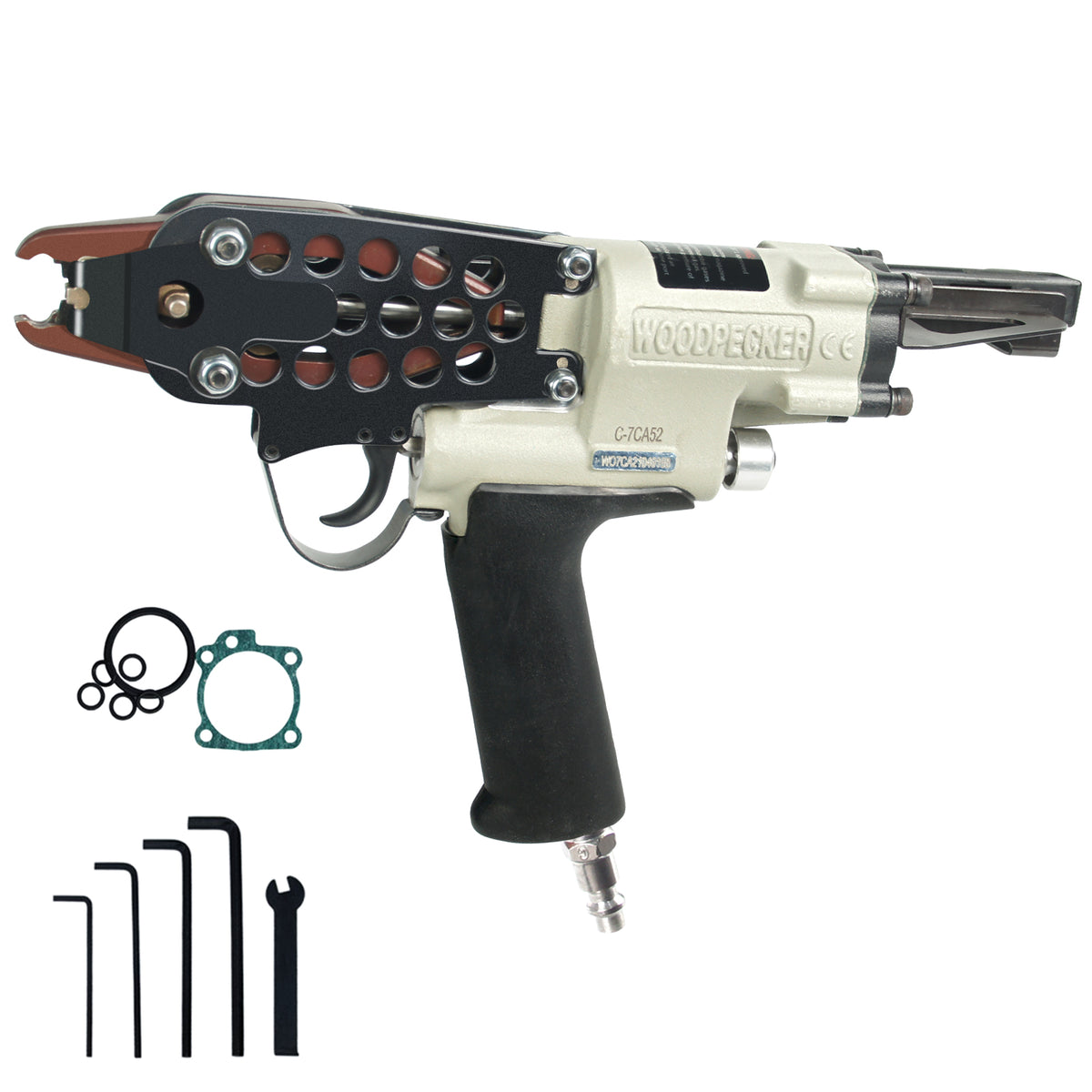 WOODPECKER C-7CA52 Kit de pistola neumática para anillos de cerdo de calibre 15 con 1000 grapas | Corona de 3/4", diámetro de cierre de 4,8 mm | Alicates de anillo en C de aire para cercas, colchones, jaulas y tapicería