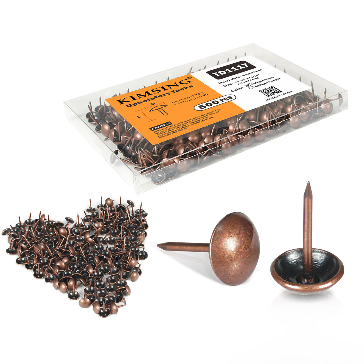 Clavos decorativos KAMSIN de cobre/latón antiguo, 500 chinchetas lisas de cabeza redonda, de 7/16" (11mm) de diámetro, tachuelas decorativas para tapicería de muebles