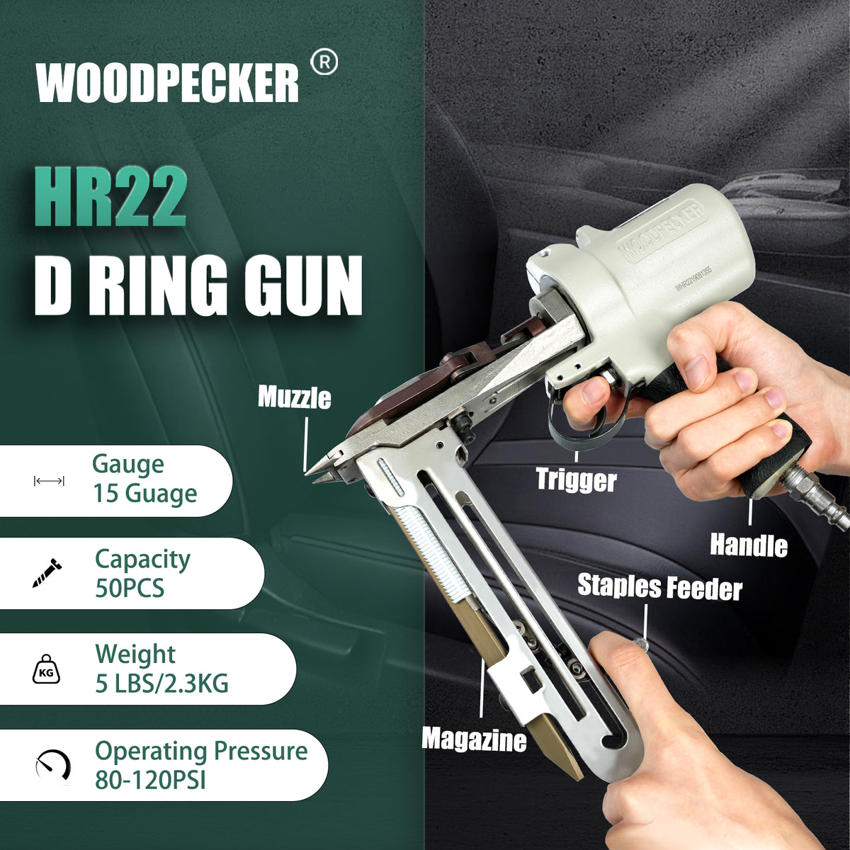 Pistola neumática WOODPECKER HR22 para aros D con retorno de pistón, similar a BOSTITCH TR315