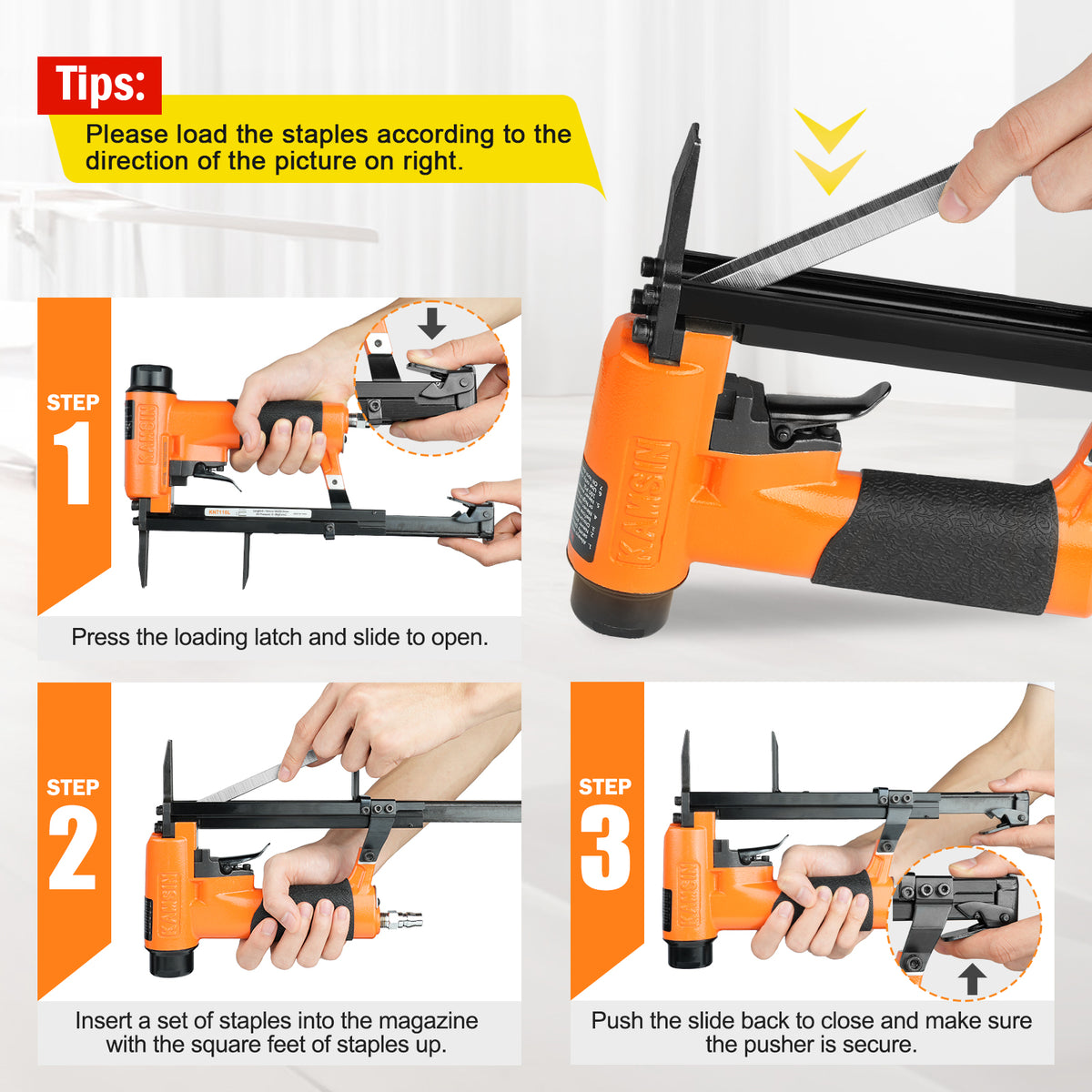 KAMSIN KN7116L 22 Gauge Pneumatic Upholstery Stapler, 3/8-inch(9.0mm) Crown Fine Wire Stapler Gun, 1/4-inch to 5/8-inch(6-16mm) Leg Length Long Nose Upholstery Staple Gun for Upholstering