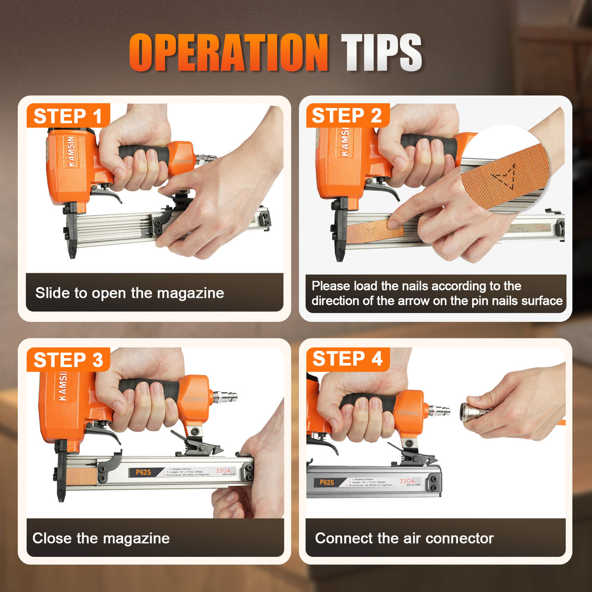KAMSIN P625 23 Gauge Pneumatic Headless Pin Nailer, 12-25mm Leg Length Air Power Micro Pinner For Furniture, Cabinets, Interior Decoration