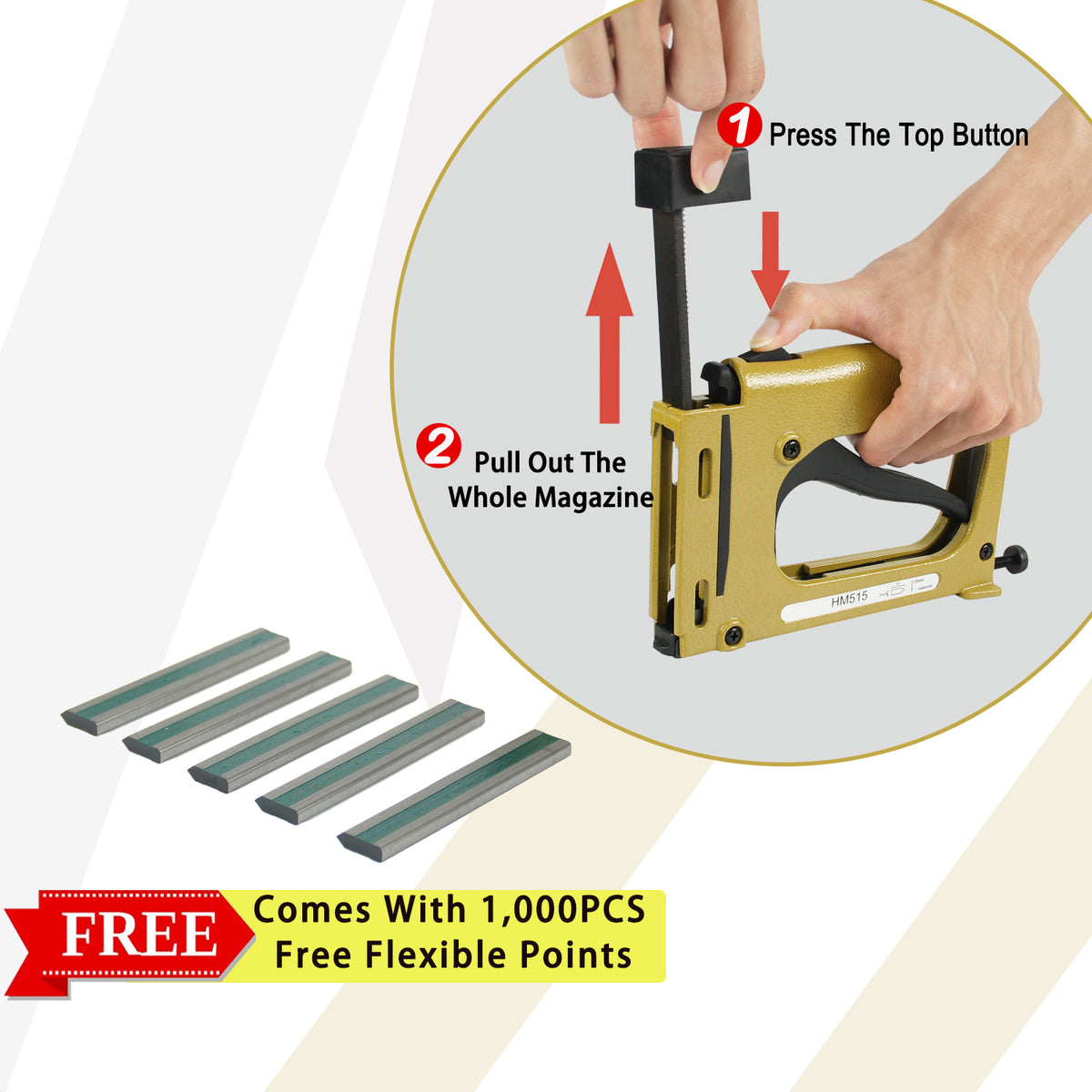 HM515 Fijador de Puntos, Herramienta Manual para Enmarcar con 1000 Puntos Flexibles, Tachadora de Puntos Flexibles Ligera de 15mm (5/8") de Largo para Uniones de Marcos de Cuadros DIY