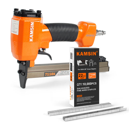 Combinación del kit de grapadora neumática para tapicería KAMSIN 7116K calibre 22 y grapas para tapicería de corona de 3/8" (9.1mm) (10000 unidades)