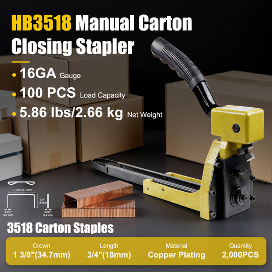 HB3518 16 Gauge Manual Carton Closing Stapler , 1-3/8-Inch Crown, 3/4-Inch Length Carton Staples, Carton Stapler, Corrugated Carton Staple Gun, Carton Stapler for Closing Cartons Folding Boxes