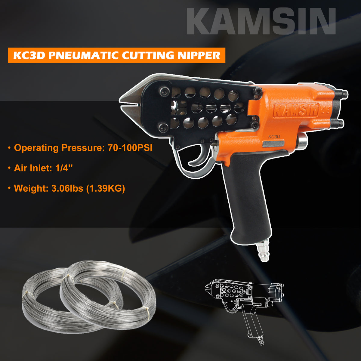 KAMSIN KC3D Cortador de alambre de 3 mm de diámetro Herramienta de corte Neumático Cortador de pernos de alambre Alicates de corte neumático Cortador de alambre Tijeras de aire para jaulas de alambre, cercas, corte de alambre