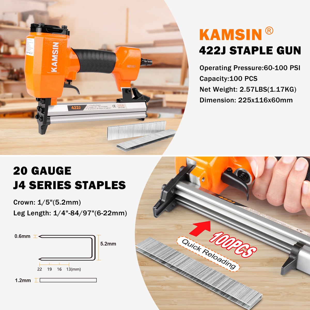 KAMSIN 422J Pistola neumática de grapas de tapicería de calibre 20, grapadora neumática de tapicería de corona estrecha con profundidad ajustable, corona de 1/4" (5 mm), longitud de pata de 1/4 a 7/8 pulgadas (6-22 mm) para tapicería de muebles