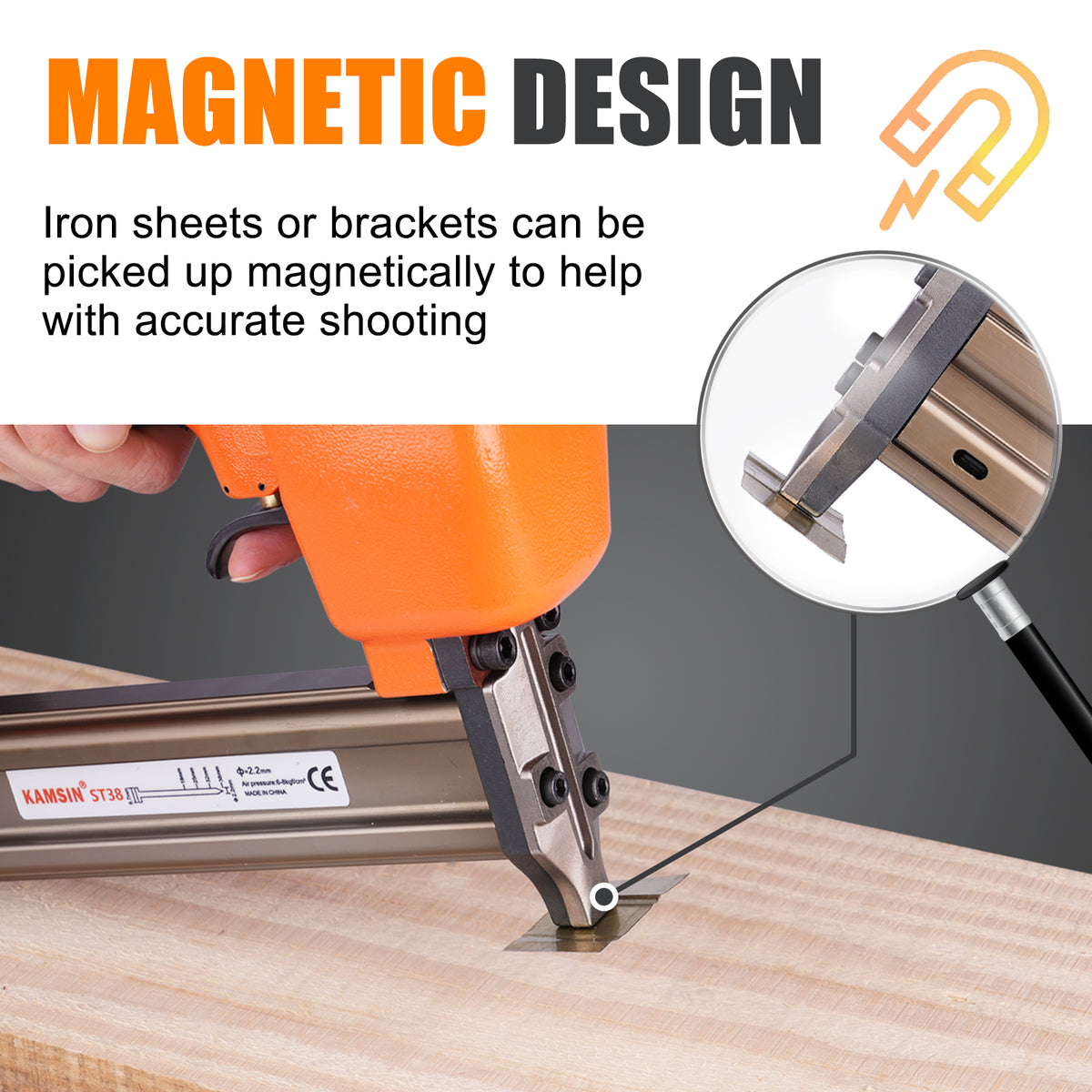 KAMSIN ST38H 14 Gauge Pneumatic Concrete T Nailer, Accepts 3/4” to 1-1/2” (18-38mm) Length Concrete T Nails, Great for furniture, ceiling and low-concrete