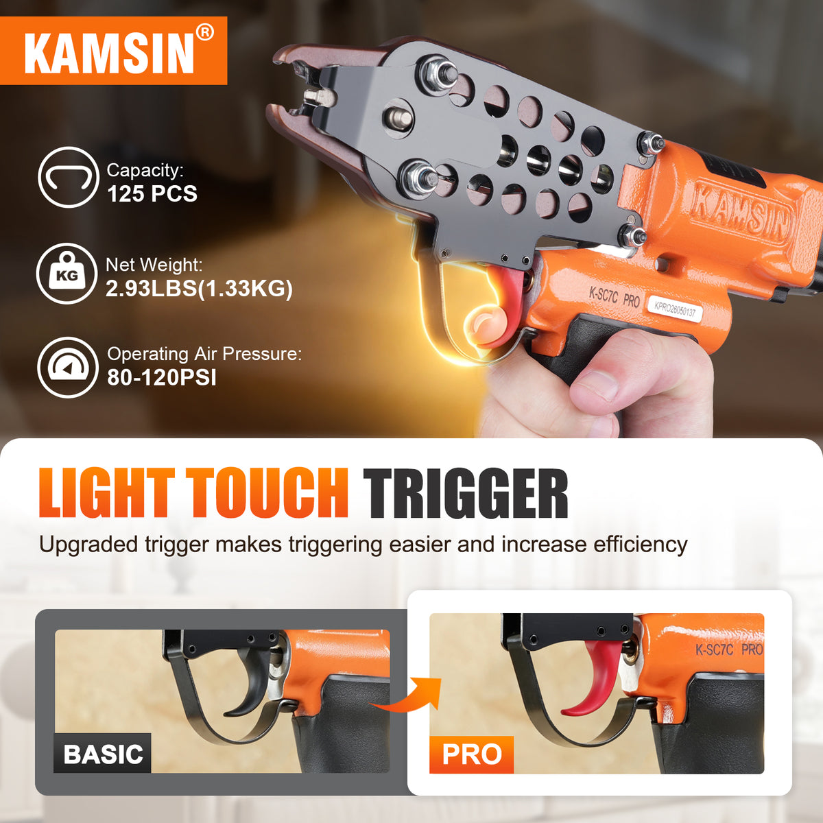 KAMSIN K-SC7C PRO Pistola neumática de anillo de cerdo con gatillo mejorado de calibre 15, corona de 3/4 pulgadas, diámetro de cierre de 4.8-5.2 mm, alicates de anillo en C accionados por aire para jaulas, cercas y tapicería automotriz