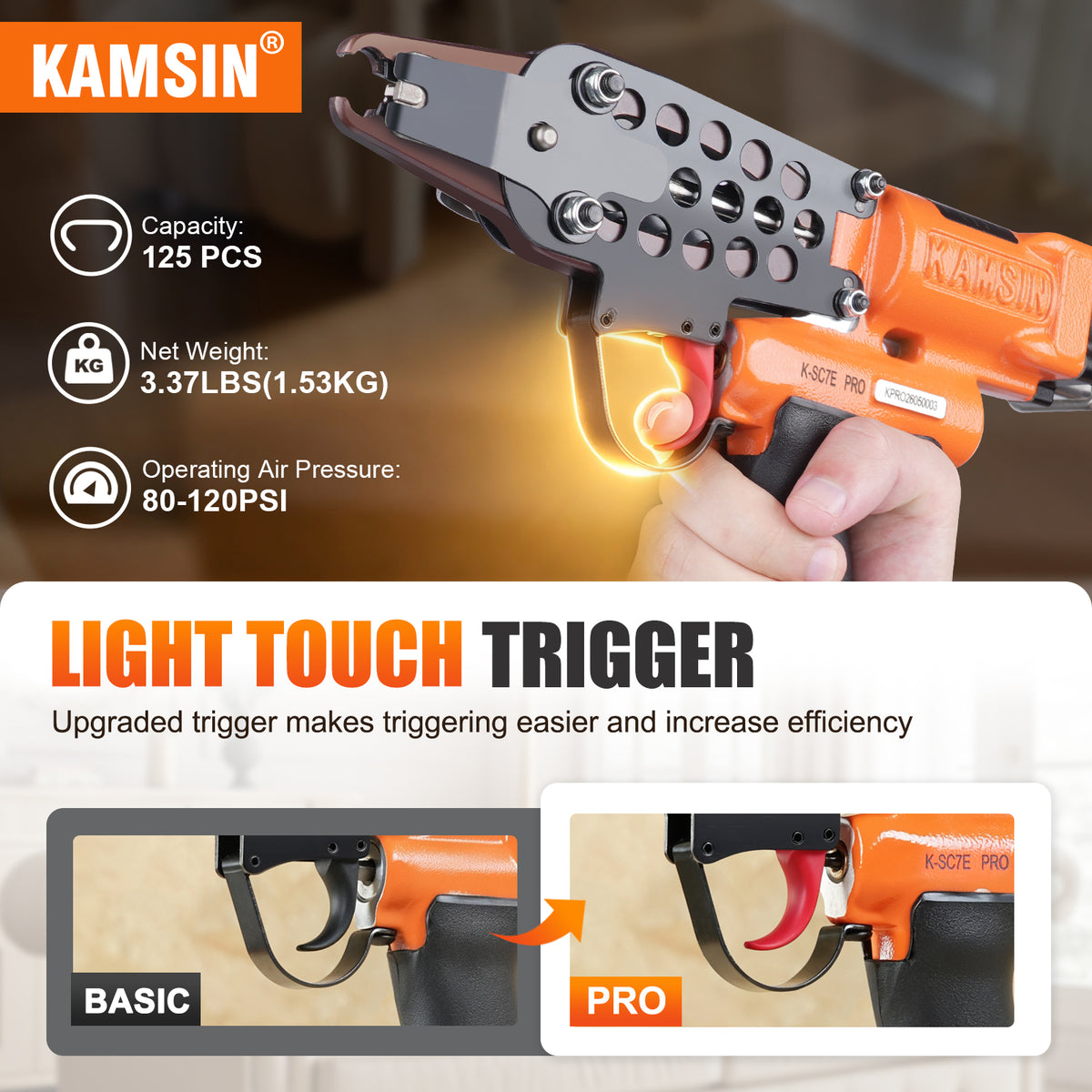 KAMSIN K-SC7E PRO Pistola Neumática de Anillo de Cerdo de Nariz Larga con Gatillo Mejorado Calibre 15, Corona de 3/4 Pulgadas, Diámetro de Cierre de 7-8mm, Alicates de Anillo C Accionados por Aire para Jaulas, Cercas y Tapicería Automotriz