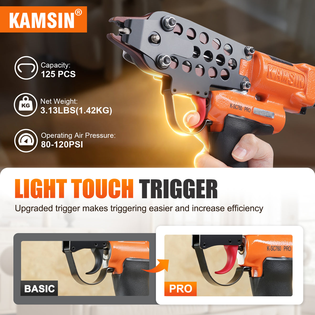 KAMSIN K-SC760 PRO Kit de pistola neumática para anillas de cerdo con gatillo mejorado de calibre 16, corona de 1/2 pulgada, diámetro de cierre de 3.0-4.8 mm, alicates de anillo C accionados por aire para jaulas, cercas y tapicería automotriz